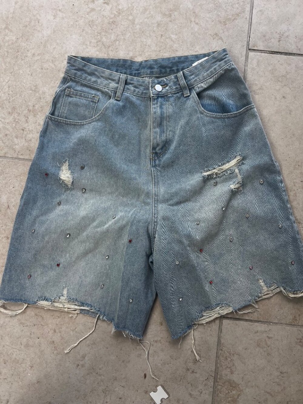 NWT Women's High Waisted Baggy Denim Shorts Knee Length Rhinestone Jean Shorts Y